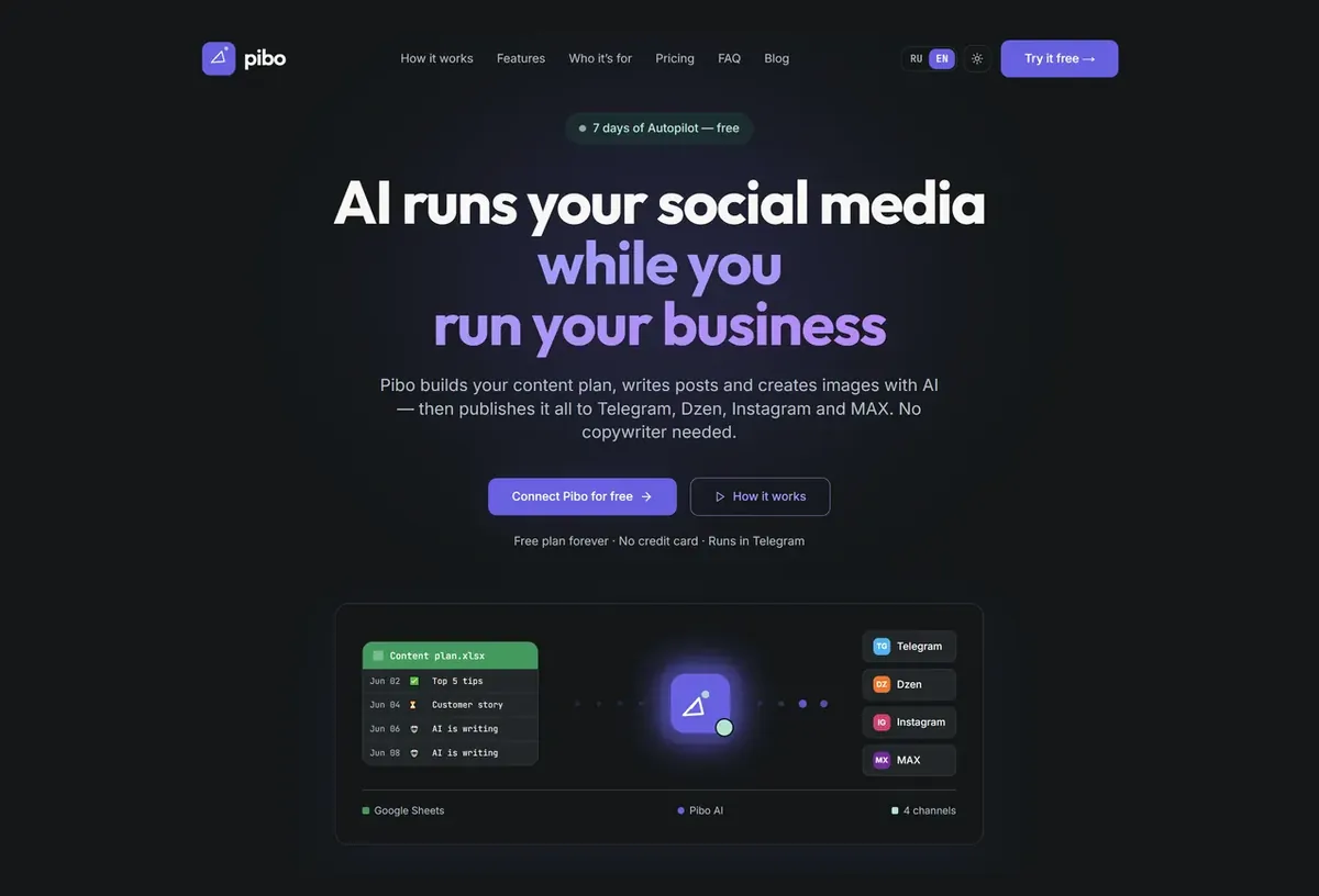 Anteprima della home page di Pibo — crossposting AI